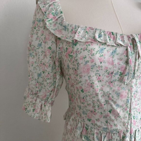 Sophie Rue by Anthropologie Puff Sleeves Back Cut Out Linen Dress S Cottagecore - Picture 4 of 11